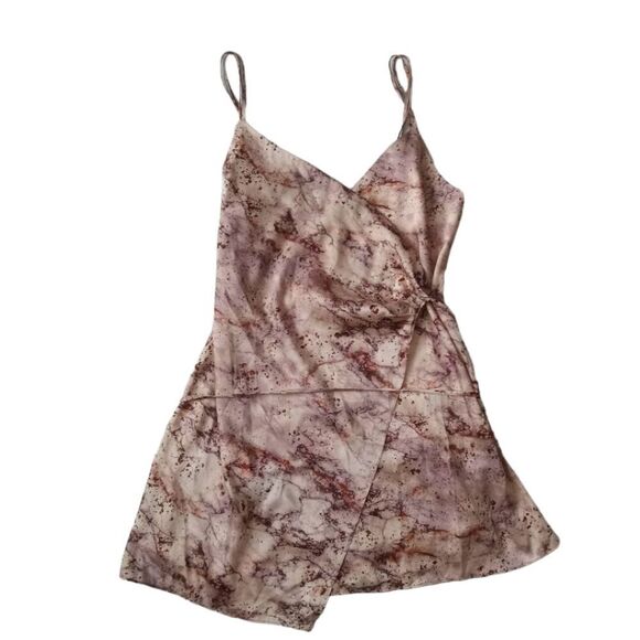 Zara Satin Effect Pink and Brown Marbled Print Mini Length Wrap Dress Women's XS - Picture 1 of 11